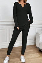 Black Ribbed Notched Neck Knit Long Sleeve Leggings Two Pieces Lounge Set