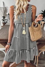 Black Stripe U Neck Sleeveless Loose Fit Mini Dress