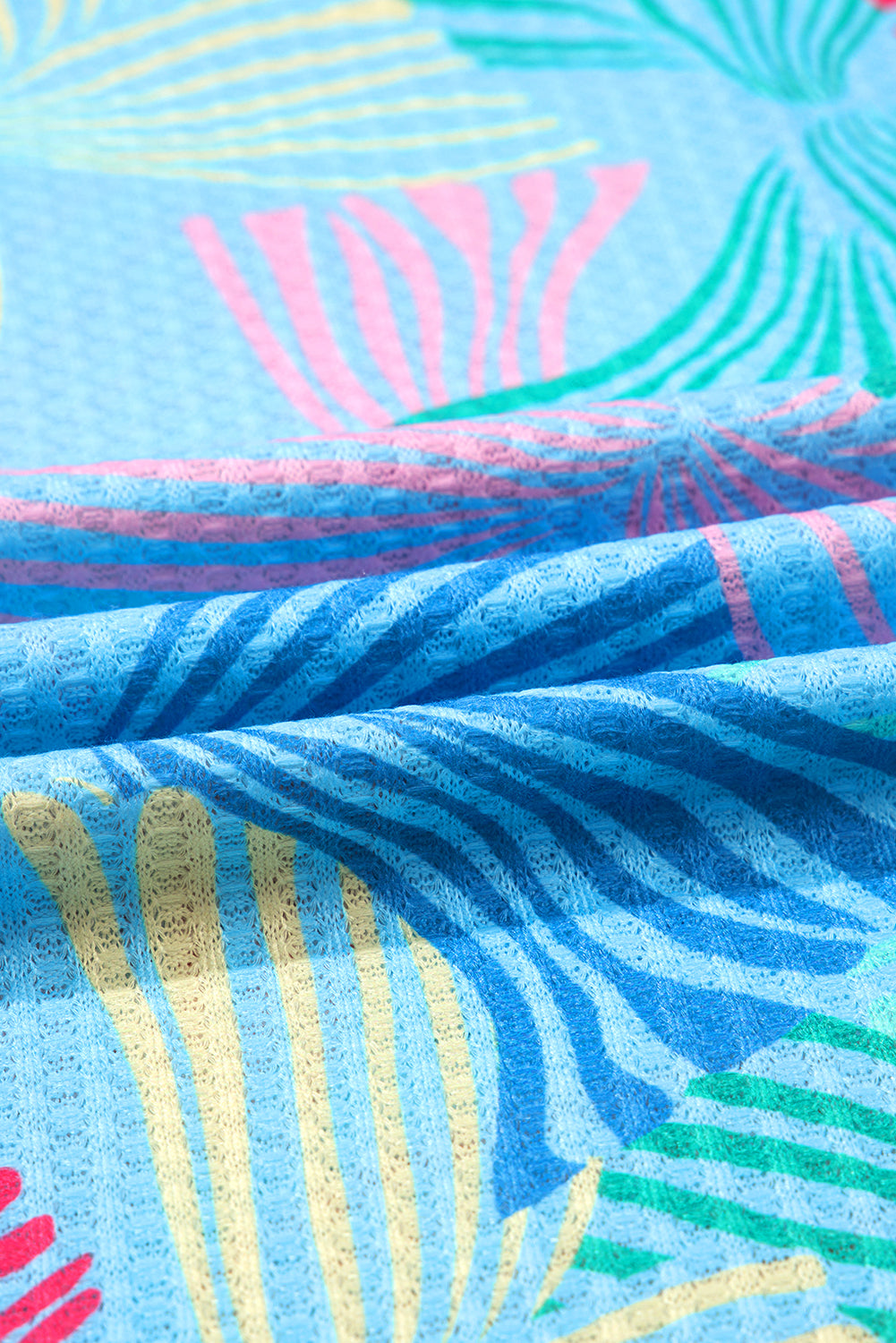 Sky Blue Bowknot Printed Waffle Crewneck Loose Short Sleeve Top