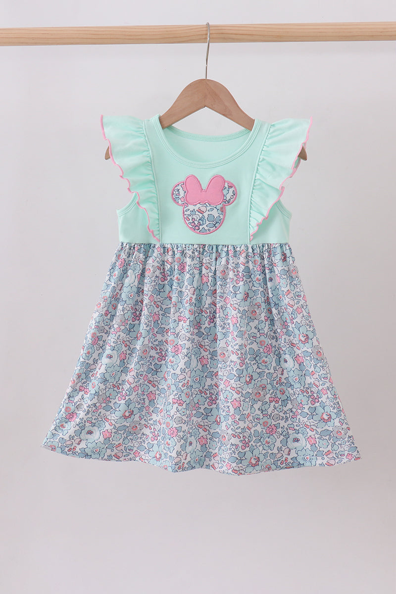 Mint floral character applique ruffle dress