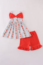 Apple print bow ruffle shorts set