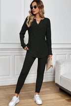 Black Ribbed Notched Neck Knit Long Sleeve Leggings Two Pieces Lounge Set