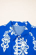Blue Ethnic Geometric Print Collared Button Front Short Puff Sleeve Mini Dress
