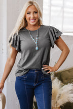 Dark Grey Layered Ruffle Short Sleeve Round Neck Top