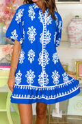 Blue Ethnic Geometric Print Collared Button Front Short Puff Sleeve Mini Dress