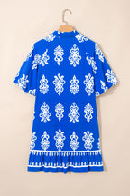 Blue Ethnic Geometric Print Collared Button Front Short Puff Sleeve Mini Dress