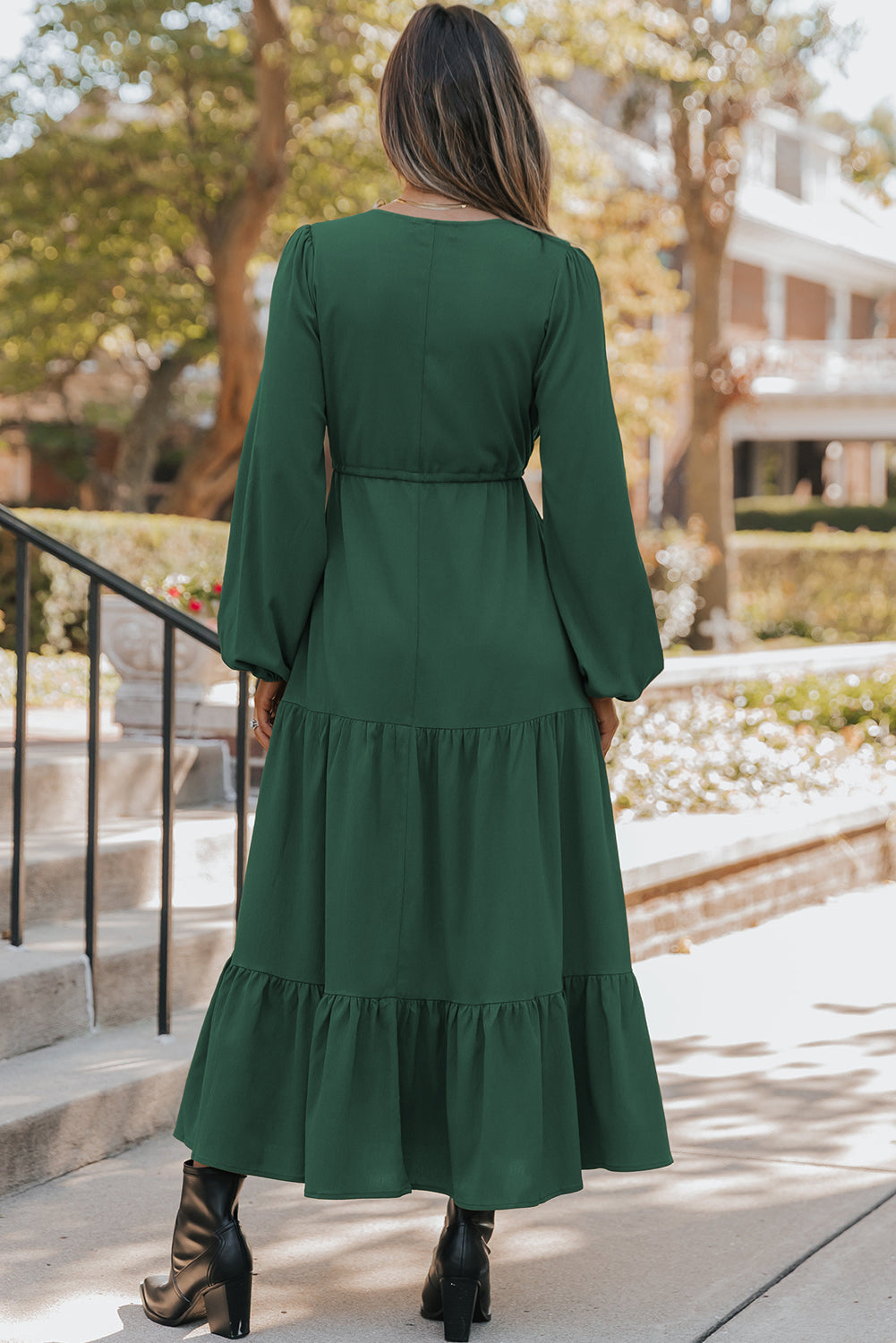 Blackish Green Solid Long Sleeve Button V Neck Tiered Maxi Dress