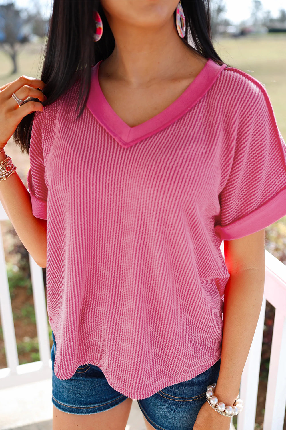 Rose Red Twisted Ribbed Knit V Neck Casual Tee