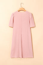 Blossom Corded Knit Crew Neck Puff Sleeve Shift Mini Dress