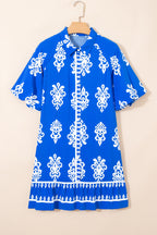 Blue Ethnic Geometric Print Collared Button Front Short Puff Sleeve Mini Dress
