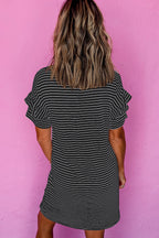 Black Stripe Ruffled Short Sleeve Crew Neck T Shirt Shift Mini Dress