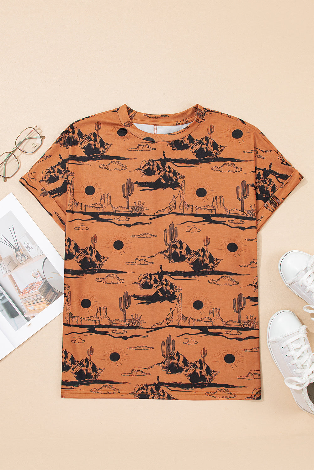 Chestnut Desert Sand Print Short Sleeve Knit Top