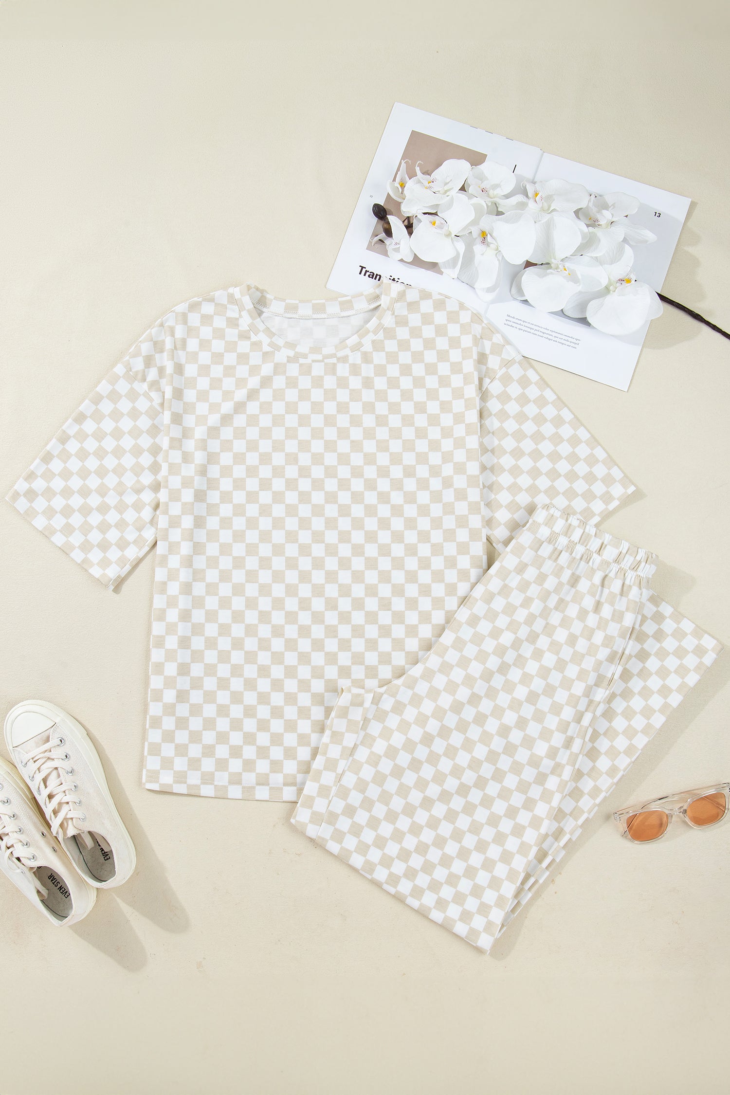 Khaki Checkered Print Half Sleeve Tee 2pcs Lounge Pant Set