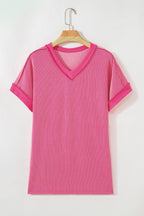 Rose Red Twisted Ribbed Knit V Neck Casual Tee
