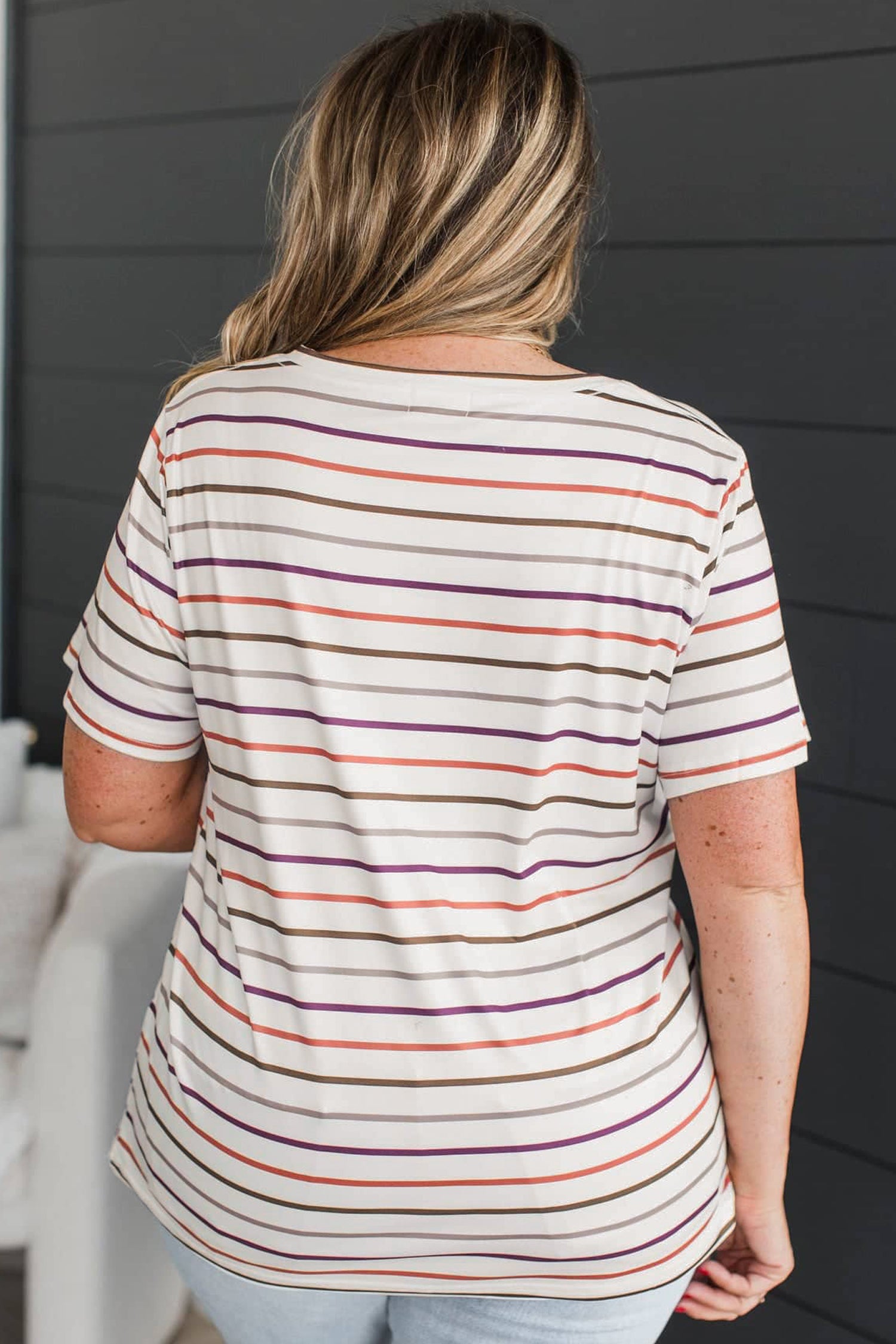 White Stripe V Neck Casual Plus Size Tee