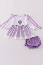 Lavender ribbon lace embroidery gingham bloomer set