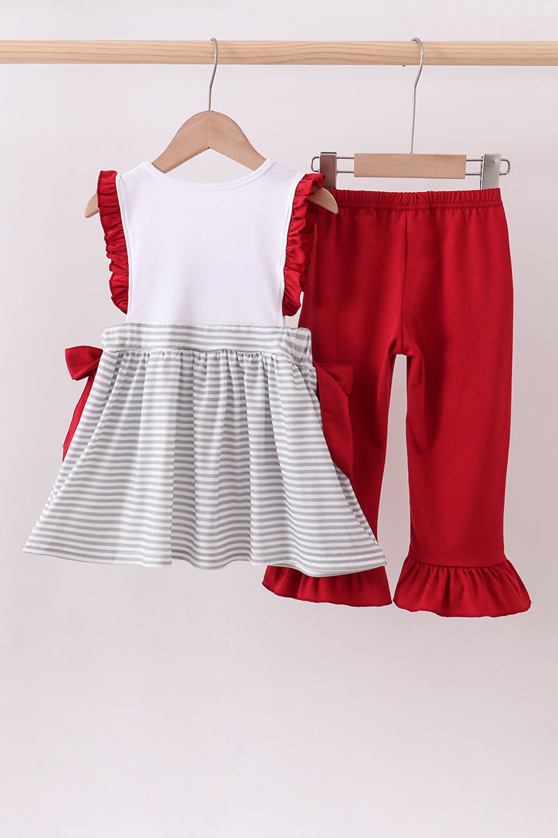 Maroon Alabama embroidery stripe ruffle pants set