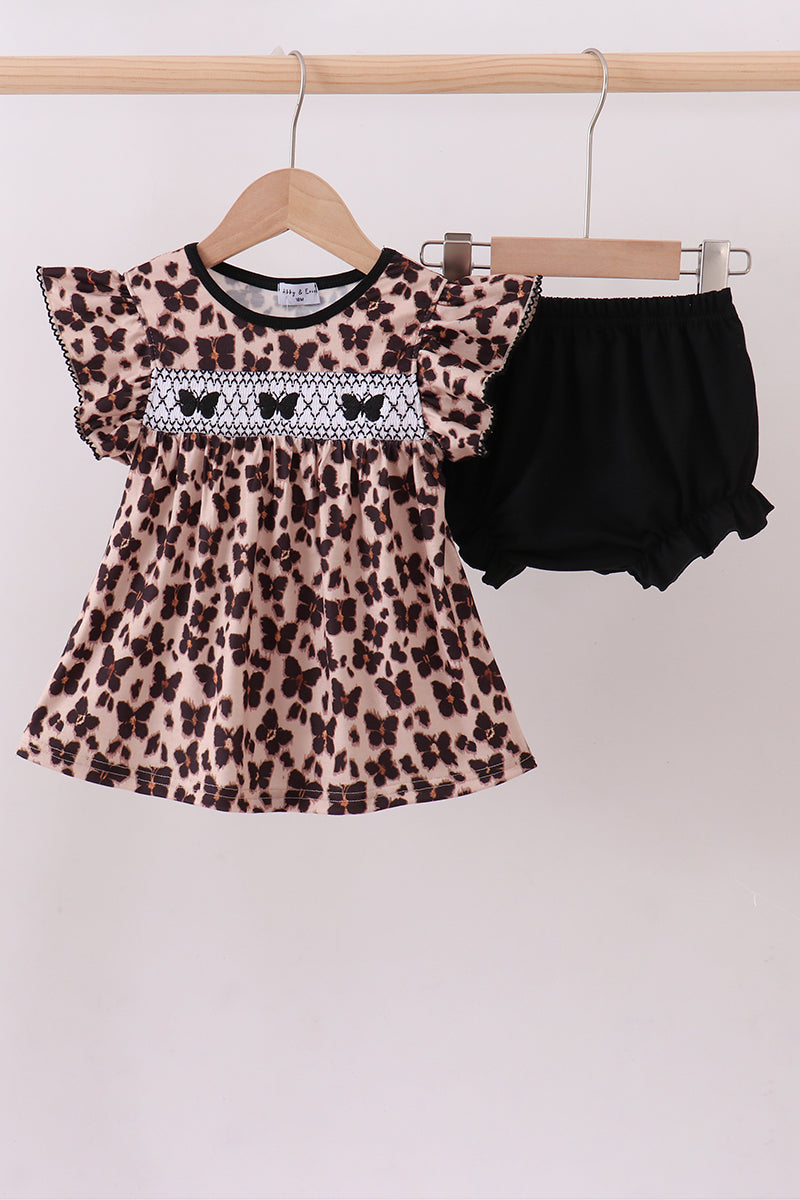 Leopard butterfly smocked ruffle bloomer set