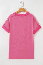 Rose Red Twisted Ribbed Knit V Neck Casual Tee