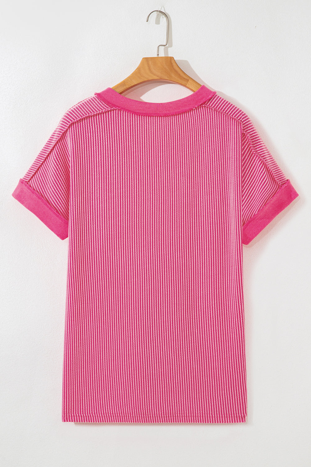 Rose Red Twisted Ribbed Knit V Neck Casual Tee