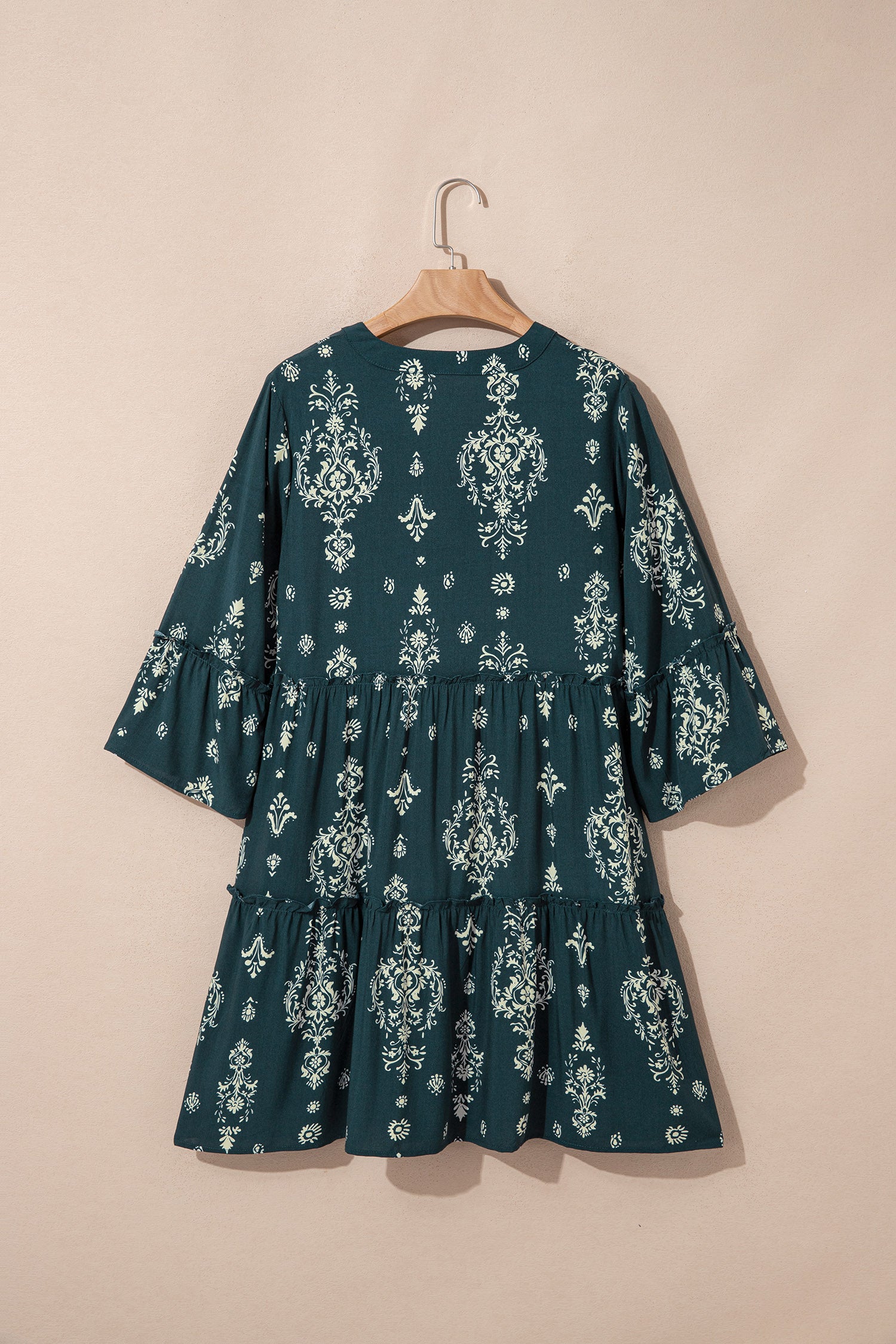 Blue Boho Floral Print Lettuce Trim 3/4 Sleeve Mini Dress