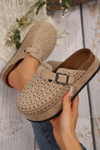 Parchment Rivet Buckle Closed Toe Platform Slippers