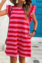 Red Stripe Flutter Sleeve Round Neck Shift Dress