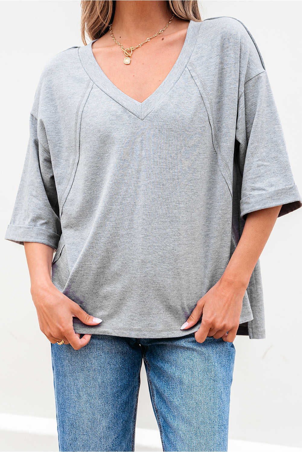 High Raglan Half Sleeve V Neck Oversized T Shirt