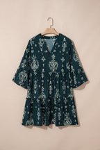 Blue Boho Floral Print Lettuce Trim 3/4 Sleeve Mini Dress