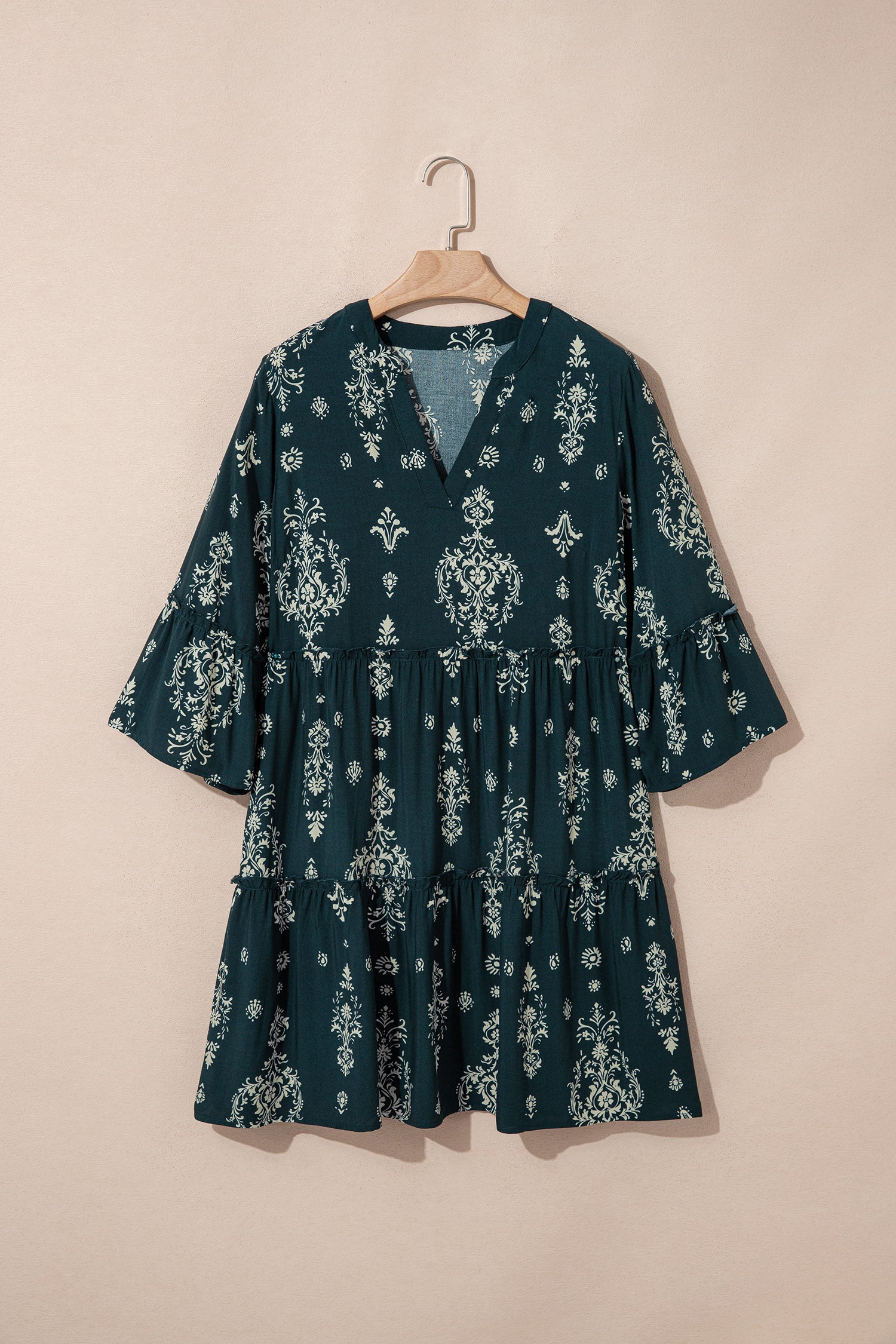 Blue Boho Floral Print Lettuce Trim 3/4 Sleeve Mini Dress