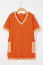 Russet Orange Two-tone Short Sleeve V Neck Patched Pocket Loose Romper