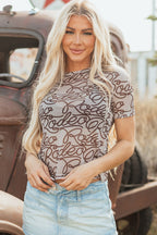 Brown Rodeo Print Round Neck Slim Fit Mesh T Shirt