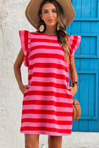 Red Stripe Flutter Sleeve Round Neck Shift Dress