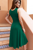 Blackish Green Solid Color Round Neck Ruched Detail Sleeveless Mini Dress