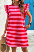 Red Stripe Flutter Sleeve Round Neck Shift Dress