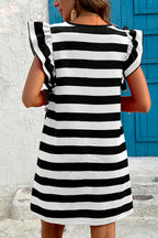 Black Stripe Flutter Sleeve Round Neck Shift Dress