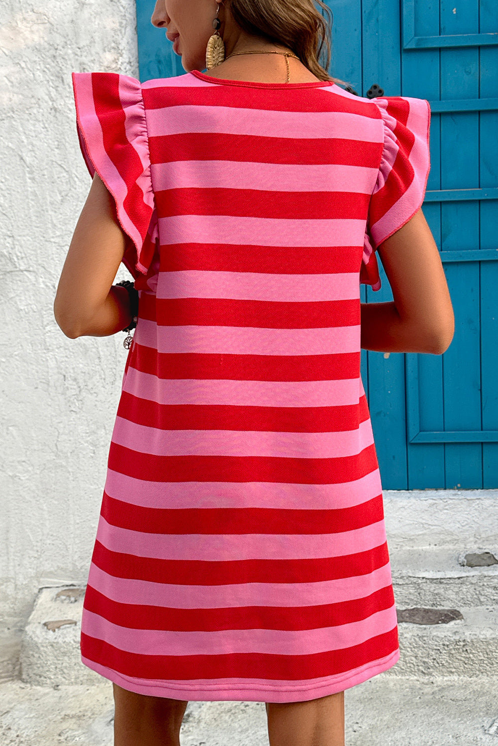 Red Stripe Flutter Sleeve Round Neck Shift Dress