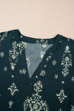 Blue Boho Floral Print Lettuce Trim 3/4 Sleeve Mini Dress