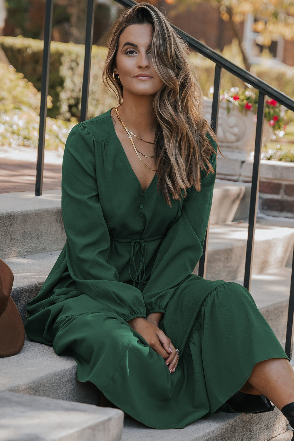 Blackish Green Solid Long Sleeve Button V Neck Tiered Maxi Dress